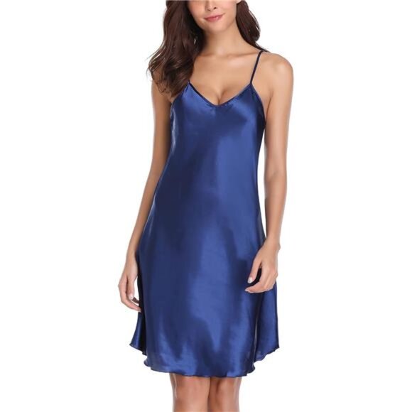Women Sexy Satin Nightgown Sleepwear Blue